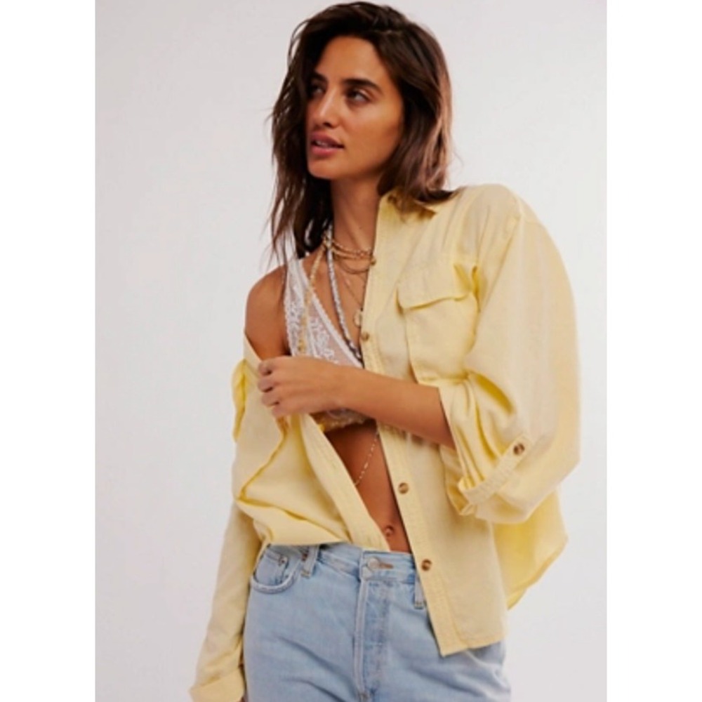 We The Free Shirt Women XS Butter Yellow Made For Sun Linen Shirt Utility Boho